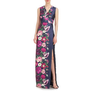 Kay Unger Navy Floral Satin V-Neck Gown with Pink Roses